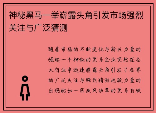 神秘黑马一举崭露头角引发市场强烈关注与广泛猜测