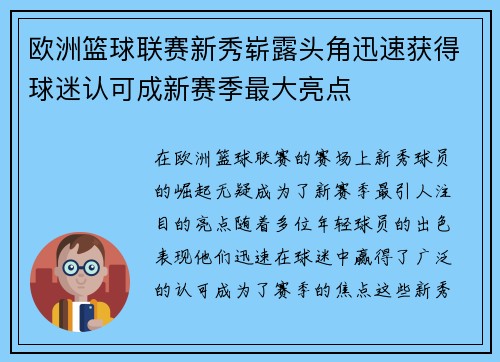 欧洲篮球联赛新秀崭露头角迅速获得球迷认可成新赛季最大亮点