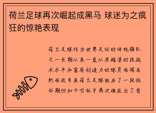 荷兰足球再次崛起成黑马 球迷为之疯狂的惊艳表现