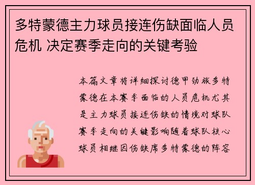 多特蒙德主力球员接连伤缺面临人员危机 决定赛季走向的关键考验